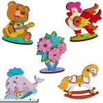 UGEARS 3D Wooden DIY Jigsaw Puzzle Build and Paint Assemble Toys Kits for Kids- Set of 5 Small Models Whale Bear Cub Bouquet Cockerel and Rocking Horse  B077XSWGLV